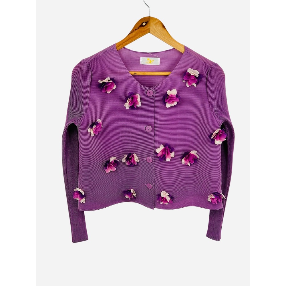 SM Brand Purple Pleated Floral Cardigan Sweater Medium
